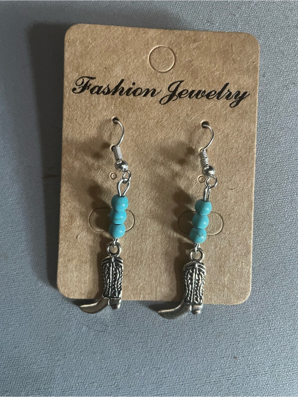 Fashion Jewelry Silver Cowboy Boot Earrings with Turquoise Beads Dangle